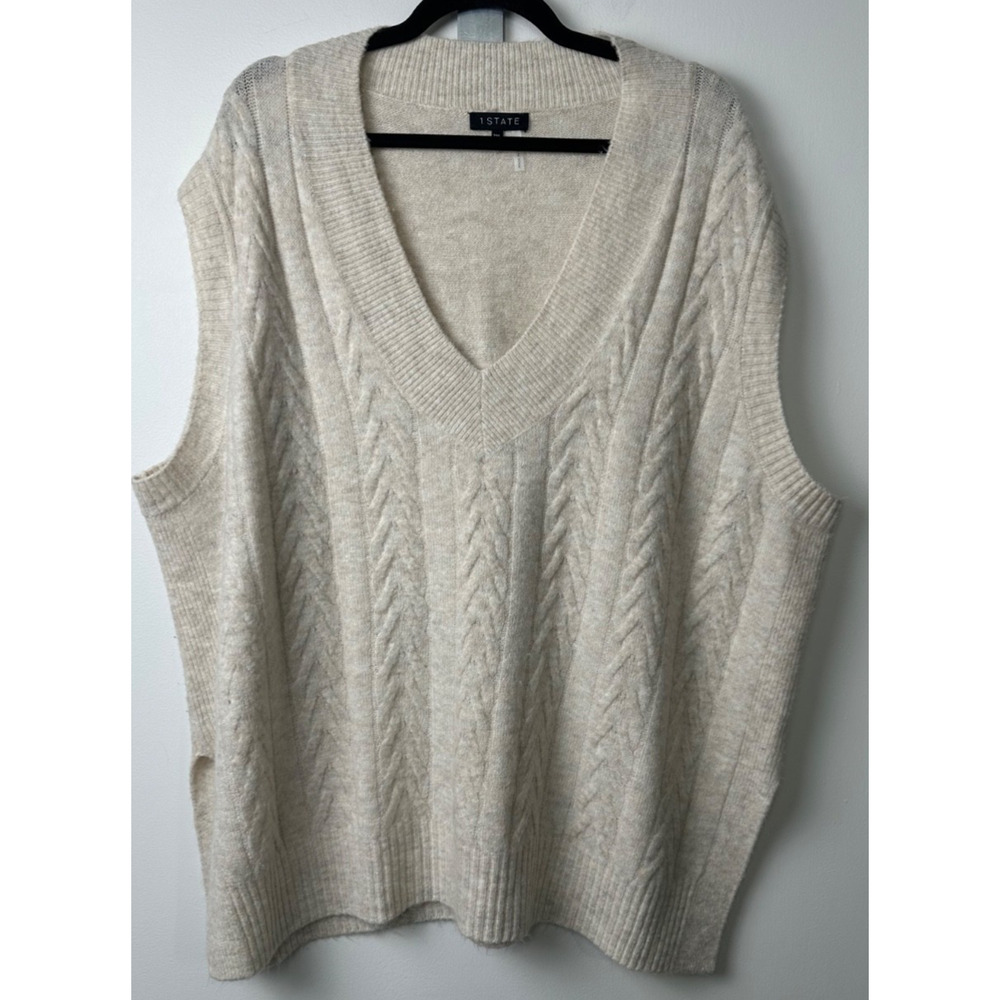 1. State Ivory Cable Knit Sweater Vest Vneck Size XXL Soft Academia Preppy C6